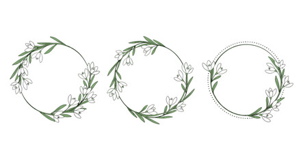 Set of three delicate hand-drawn circular wreaths made of green leaves and little white spring flowers for a wedding invitation.