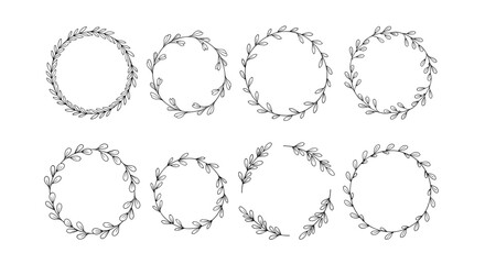 Collection of eight hand-drawn circular wreaths made of delicate botanical branches and leaves in a rustic doodle sketch style.