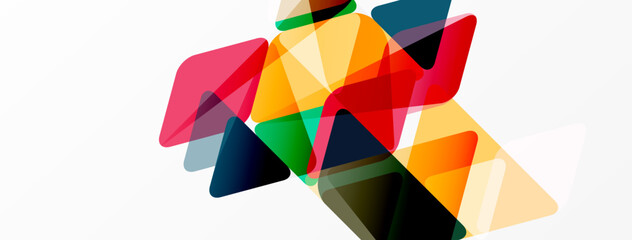 Abstract geometric shapes overlap, creating vibrant colorful composition. Triangles dominate design, offering dynamic visual experience.