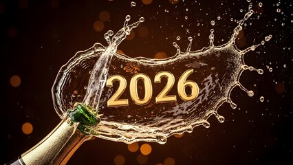 Celebrating the New Year 2026 with a festive champagne bottle pop and splash.