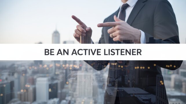 Businessman points in opposite directions over a cityscape backdrop promoting active listening