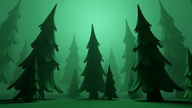 A stylized digital rendering of a dense forest with tall, dark evergreen trees silhouetted against a vibrant green, misty background.