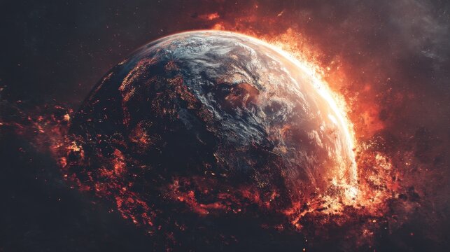 A planet with a fiery surface and a bright blue sky. The planet is surrounded by a lot of fire and smoke