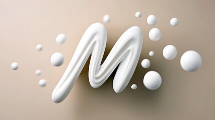 3D rendered white letter M with floating spheres on a beige background. Modern, minimalist design.