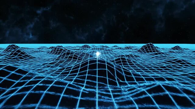 Digital blue wireframe grid surface pulsing and radiating with strong ripple effects caused by unseen energy waves simulating temporal displacement abstract, network, modern