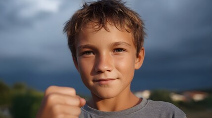 A young boy makes a fist looking confidently at the with a dramatic sky in the background