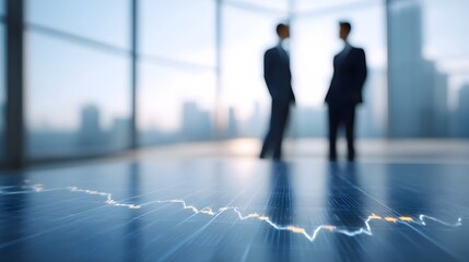 Two blurred businessmen stand in a modern office with a city view overlooking a glowing financial graph on the floor