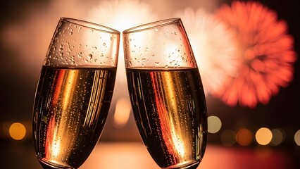 Two champagne glasses toasting with fireworks in the background.