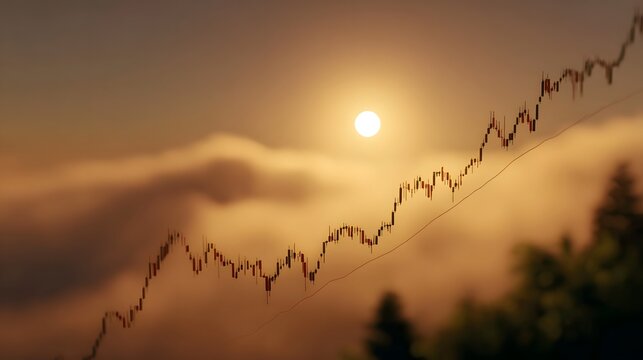 A market candlestick chart showing upward growth and trends against a golden sunrise and atmospheric fog