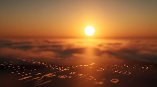 Sunrise over fog with glowing financial data charts