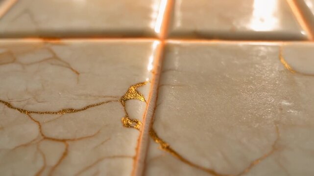 Macro view of handcrafted glazed ceramic tile. Creamy beige and gold veins with delicate craquelure texture for luxury home decor branding.