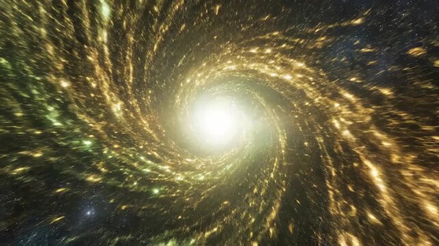 Dramatic cinematic rotating vortex of bright green and gold light filaments drawing inwards, suggesting vast cosmic or subatomic power rhythm, nebula, energy