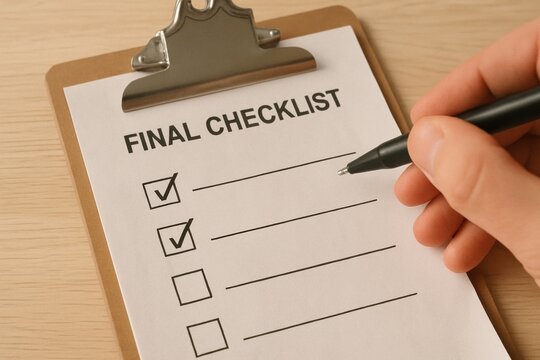 Final checklist on clipboard with checkmarks and pen ready for use, symbolizing organization and completion