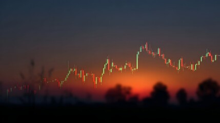 Abstract representation of financial market trends shown as a candlestick chart against a vibrant sunset landscape at dusk