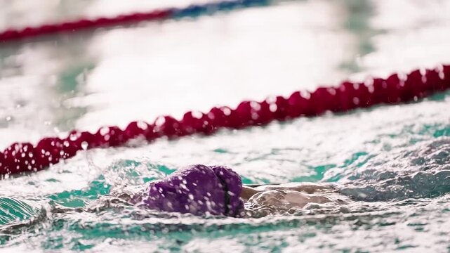 Competitive swimmer making a powerful stroke in the water, demonstrating technique and strength in a training pool environment under bright lighting.