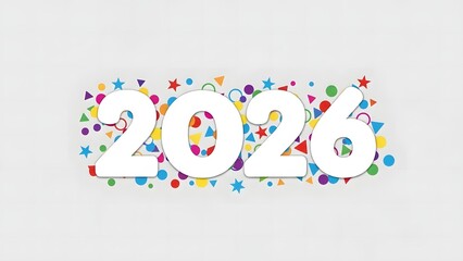 White 2026 numbers with colorful confetti shapes scattered on a light background, symbolizing celebration and the new year.