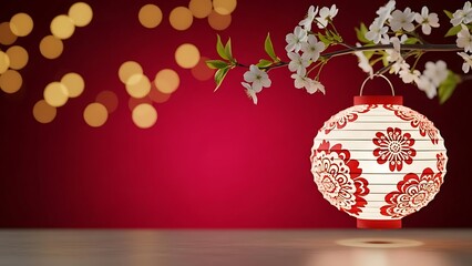 Chinese lanterns hanging decorations and sakura blossoms on red background, Elegant design for Chinese New Year greeting card ,copy space for text.