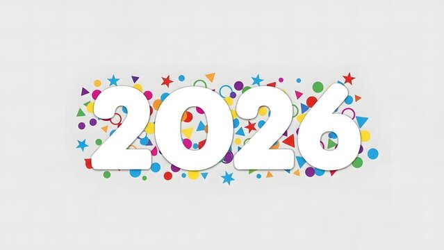 White 2026 numbers with colorful confetti shapes scattered on a light background, symbolizing celebration and the new year.