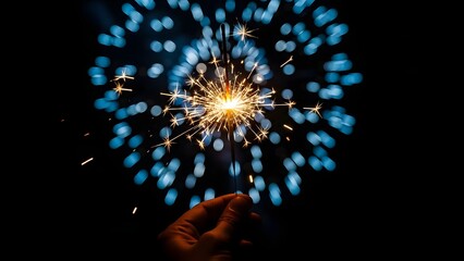 A hand holding a sparkler, creating a burst of light against a dark background.
