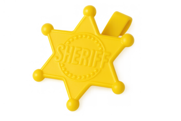 Yellow plastic sheriff star badge toy with sheriff text for kids playing wild west costumes and law enforcement games