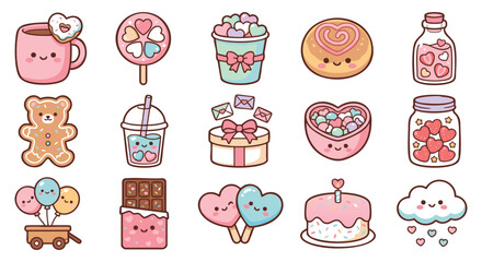 Adorable kawaii dessert icons for joyful designs and sweet promotions of love and happiness
