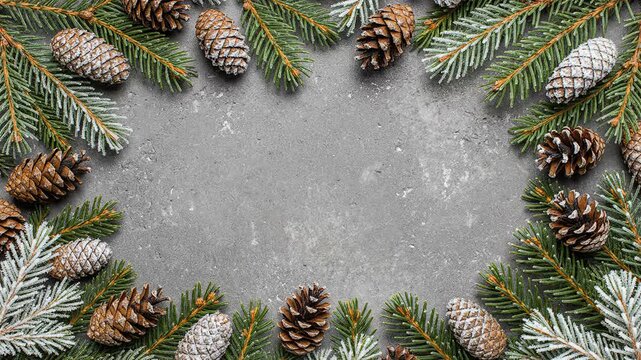 Natural pinecone fir garland frame green texture flatlay motion background overlay template
