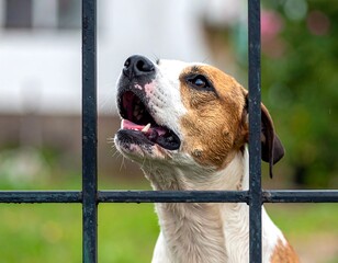 Close-up of a dog behind a fence, head tilted up, mouth open. Eye contact not evident. Exterior setting with blurry background