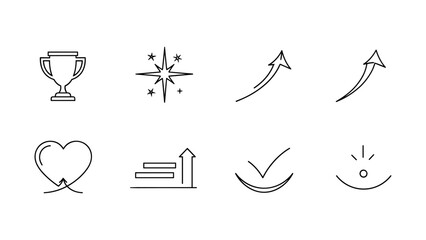 Minimalist icon set: success, growth, and achievement themes in line design
