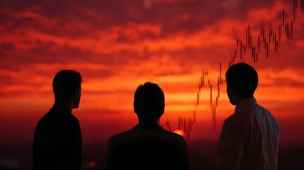 Three silhouetted figures observe a rising market chart against a dramatic crimson sunset sky