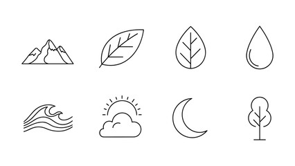 Naklejka premium Minimalist nature icons set featuring mountains, leaves, water, sun, moon, and trees in linear style