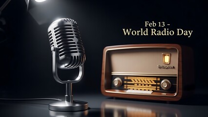 Celebrate World Radio Day on Feb 13 with a vintage microphone and classic radio, perfect for podcasts, broadcasting, and audio production projects, inspiring creativity