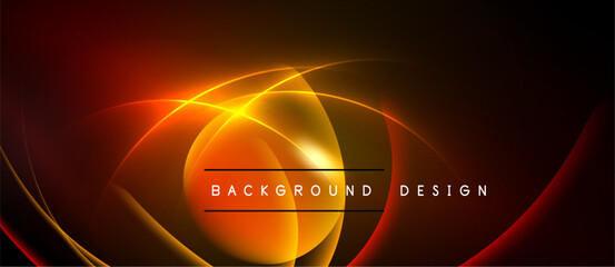 Abstract orange neon waves, glowing curves. Dark background creates dramatic visual effect. Text reads background design.