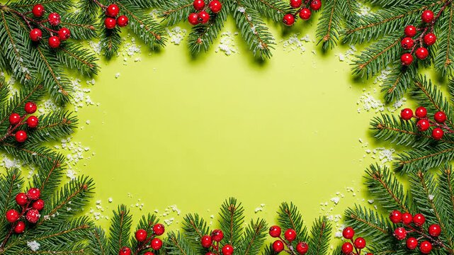Christmas pine fir branch frame flatlay border composition video loop background template use