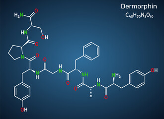 Dermorphin molecule. Natural opioid neuropeptide with strong analgesic activity.  Dark blue background. Skeletal chemical formula. Vector illustration