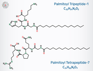 Polyacyl anti-aging cosmetic peptides palmitoyl tripeptide-1 and palmitoyl tetrapeptide-7 molecule. Vector illustration