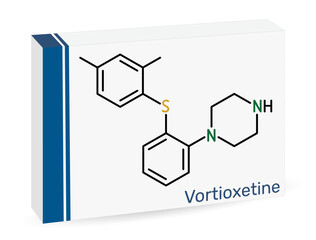Vortioxetine molecule. Antidepressant drug for treatment of major depressive disorder (MDD). Skeletal chemical formula. Paper packaging for drugs. Vector illustration