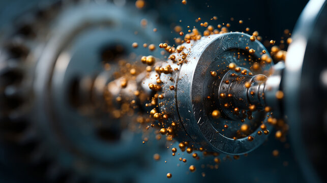 Nanotechnology particles assembling a machine part in macro detail. Crystalline molecular lattice of graphene. Abstract background.