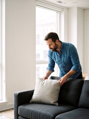 Fototapeta premium Man arranging a pillow on a sofa in a modern living room. Bearded male tidying up couch cushion at home. Interior design and domestic lifestyle