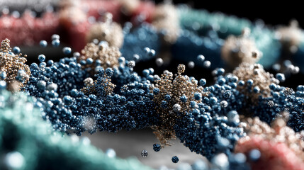 Nanotechnology particles assembling a machine part in macro detail. Crystalline molecular lattice of graphene. Abstract background.