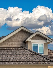 Close-up of a dormer window on a house, featuring brown shingles against a vibrant blue sky dotted with puffy white clouds