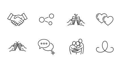 Minimalist line art icons: connection, communication, and celebration symbols