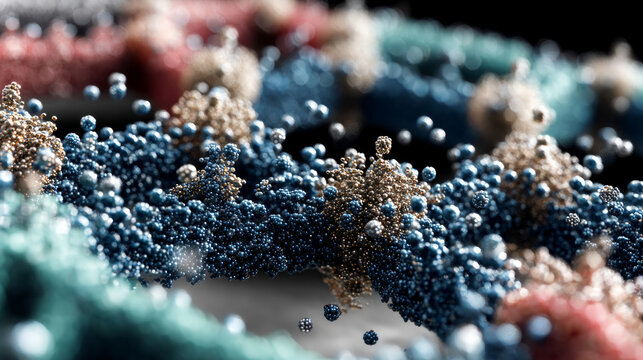 Nanotechnology particles assembling a machine part in macro detail. Crystalline molecular lattice of graphene. Abstract background.