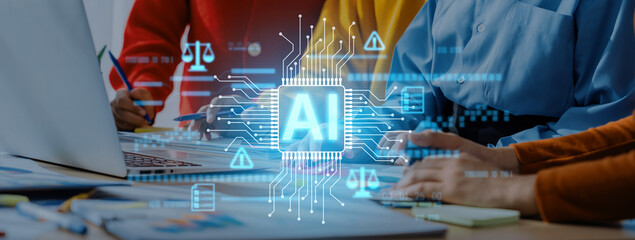A diverse team collaborates on an artificial intelligence project with a digital circuit board overlay. The image showcases innovation and technology in a modern workspace. Trope