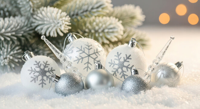 Sparkling silver snowflake ornaments on snowy christmas tree branches