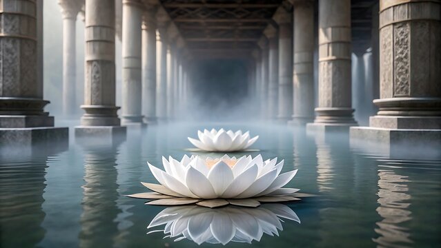 Two serene white lotus flowers floating on calm water in a mystical ancient temple hall with stone pillars