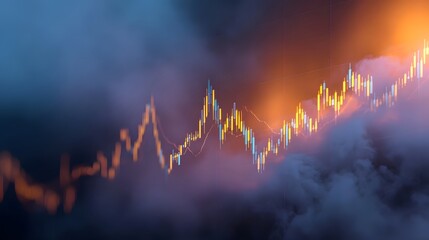 A dynamic financial chart with upward trends depicted through glowing candlesticks amidst atmospheric swirling smoke and dramatic lighting