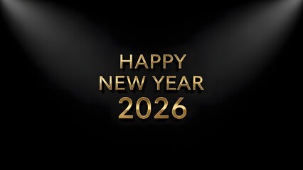 Happy New Year 2026 golden text on a black background with spotlights.