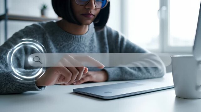Woman interacts with virtual search bar. A person uses a laptop to search for information online. This user is browsing the internet. The blank search bar is ready for a web query to find data.