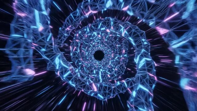 Endless journey through a blue and purple neon tunnel constructed of intricate rotating polygonal wireframes creating a perfect transition intro, modern, purple