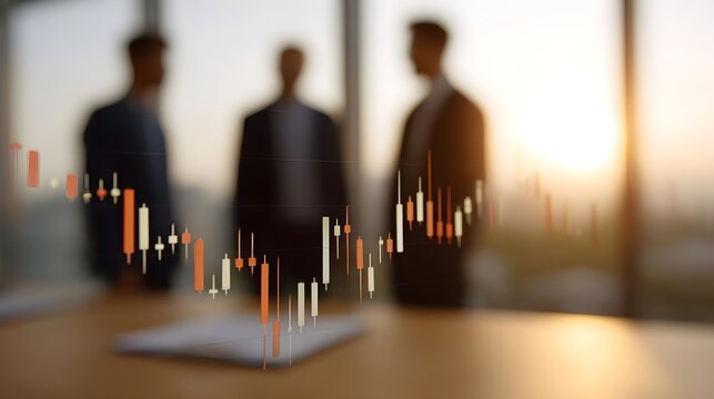 Silhouettes of businessmen in suits in an office with a financial chart overlaid at sunset